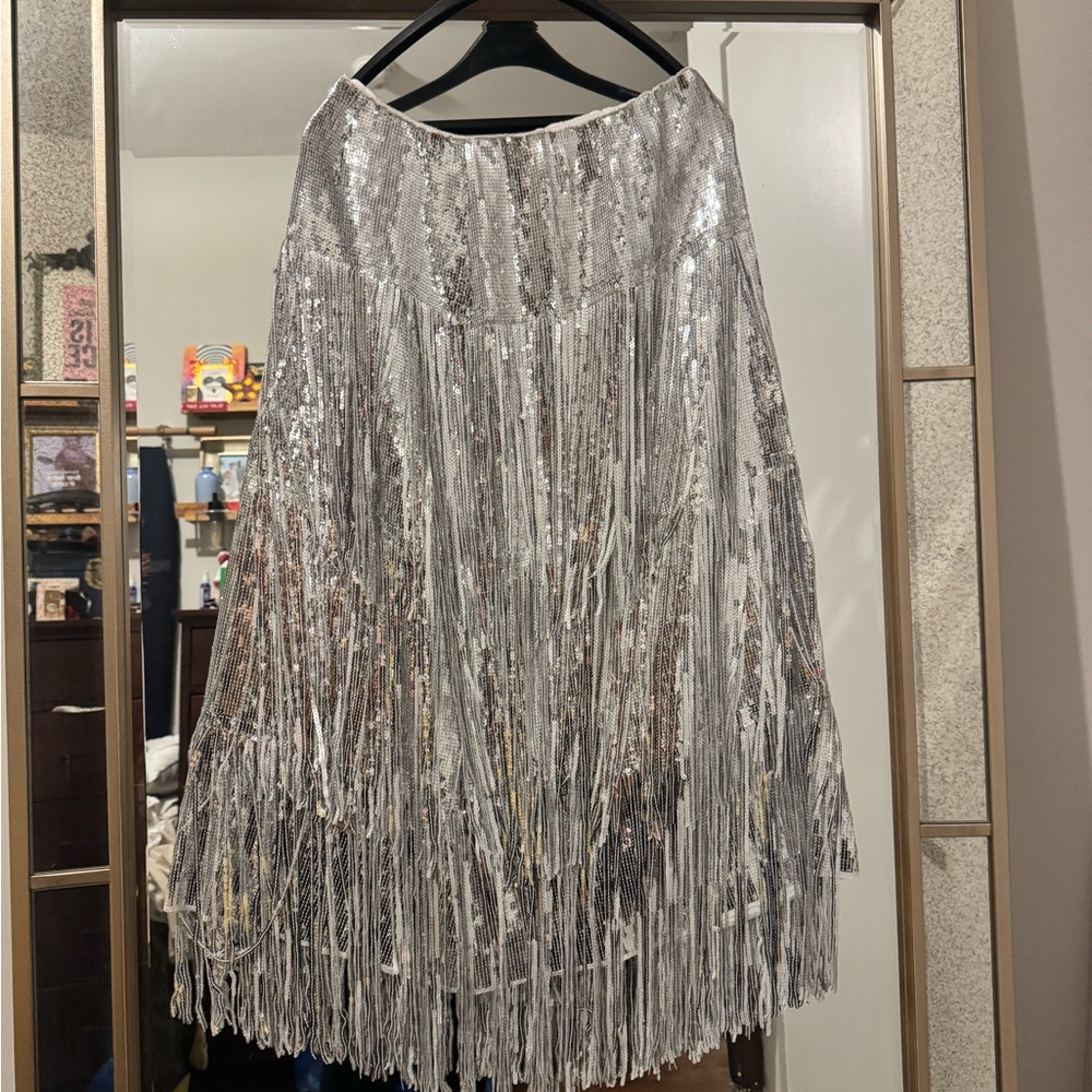 Maeve Silver Sequin Fringe Skirt